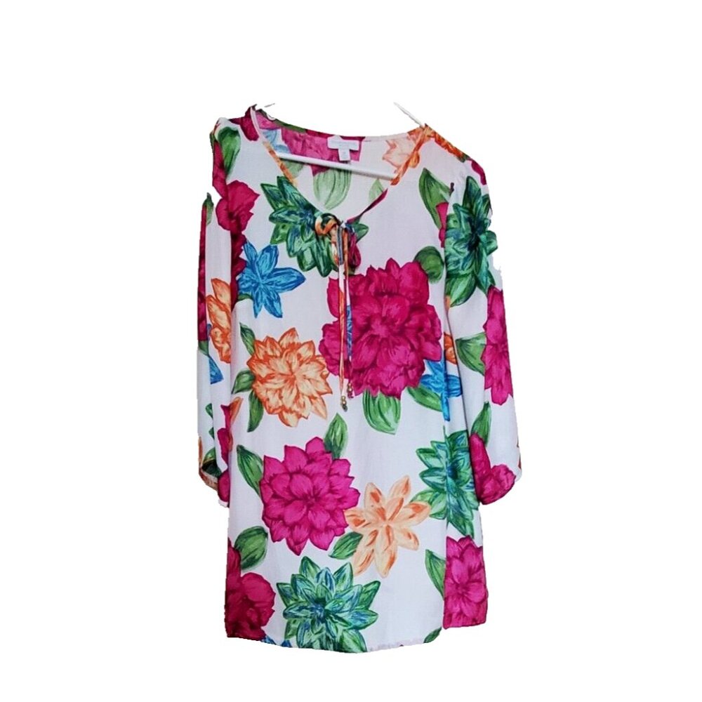 Charter Club Top Floral Size 0X Soft Flowy Sheer Bell Sleeves Side Slits